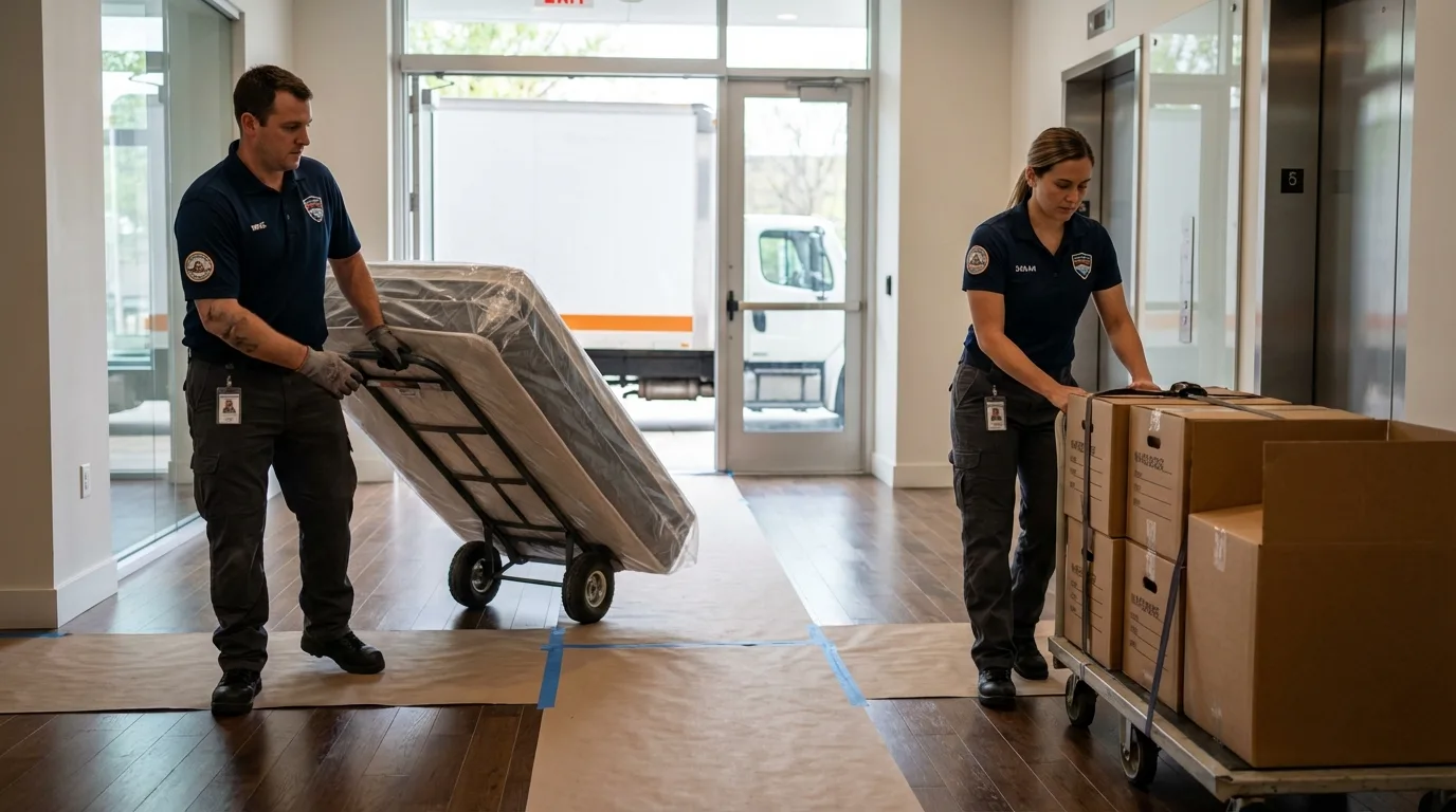 Professional apartment movers loading elevator in Bar Harbor, ME