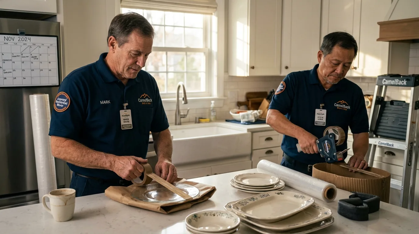Professional crew packing kitchen dishware in Bar Harbor, ME